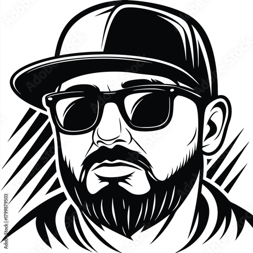 portrait shows a bearded man wearing sunglasses and a cap in black and white
