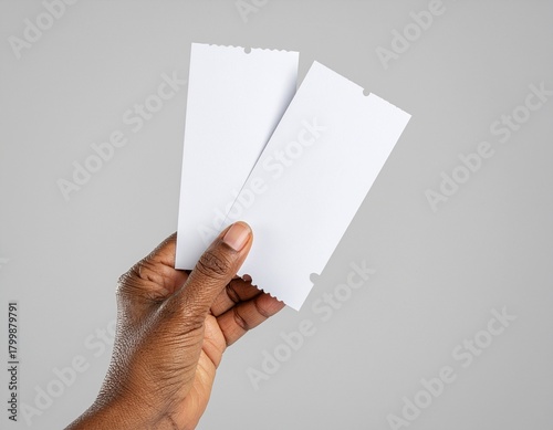 Female Hand Holding Two Blank White Paper Tickets for Mockup Use on Solid Neutral Background