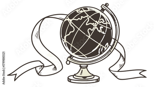 Vintage Desk Globe with Ribbon Banner Vector Illustration Silhouette, A vintage-style desk globe wrapped with a blank ribbon banner, in a monochrome illustration