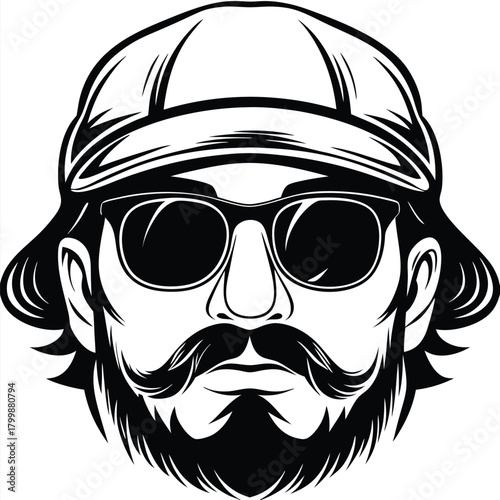 Line art shows a man with a cap, sunglasses, mustache, and beard