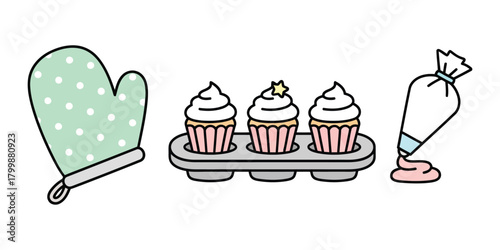 Baking icons: oven mitt, cupcakes in tray, and piping bag with frosting