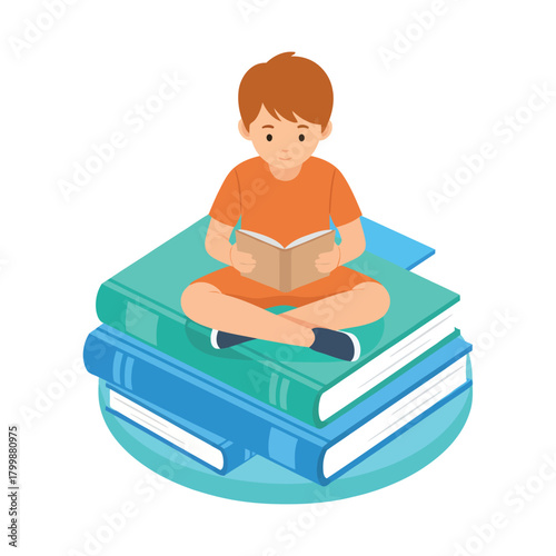 Child reading book while sitting on stack of books