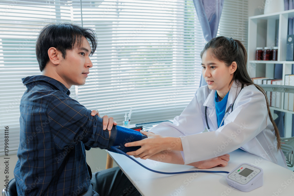 Obraz premium A nurse checks the patient's pressure cuff.