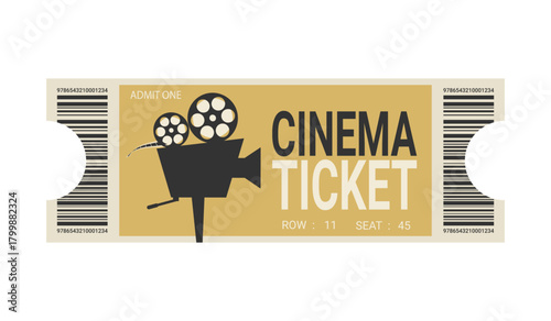 Retro cinema ticket template with old movie camera silhouette. Cinema ticket design. Vector illustration