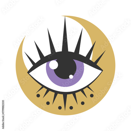 Celestial magical eye with crescent emblem. All seeing eye. Vector illustration