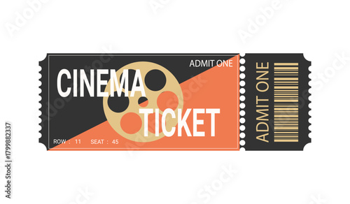Cinema ticket template with film reel silhouette. Minimalist cinema ticket design. Vector illustration