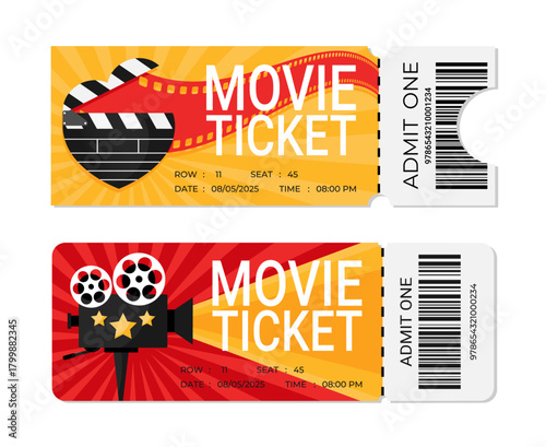Bright movie tickets design with heart shaped clapperboard and movie camera. Cinema ticket design with barcode. Vector illustration