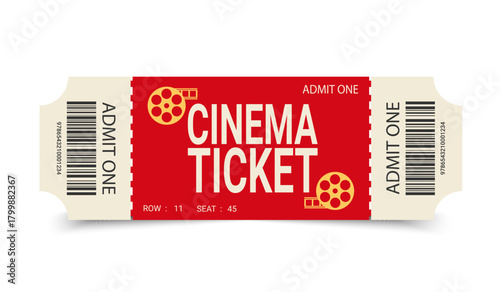 Minimalist cinema ticket design with film reel silhouette. Cinema ticket design with barcode. Vector illustration
