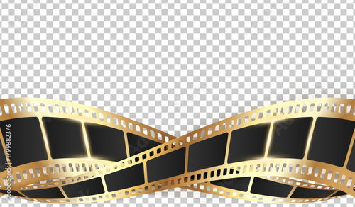 Movie film premiere banner. Cinema movie template with crossed shiny golden filmstrips isolated on transparent background. Vector illustration