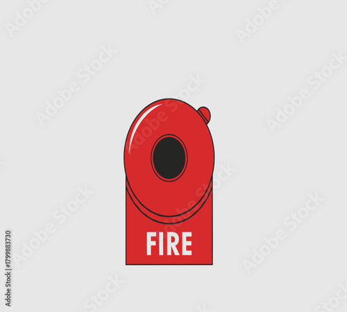 Illustration of a red fire alarm with the word fire on it, signaling an emergency, with smoke and a gray background, indicating a fire hazard and the need for immediate action