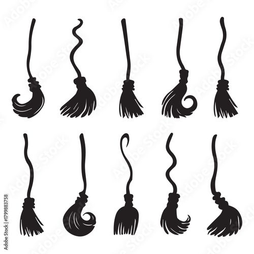 Black broom silhouettes with varied handles and bristles witch halloween