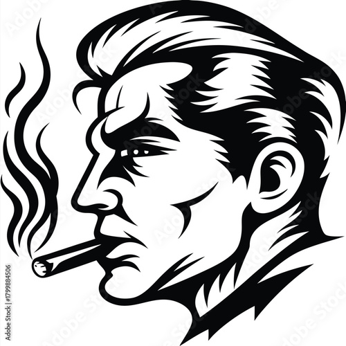 Monochrome depicts a stoic man smoking cigar with distinct art deco hairstyle and sharp features