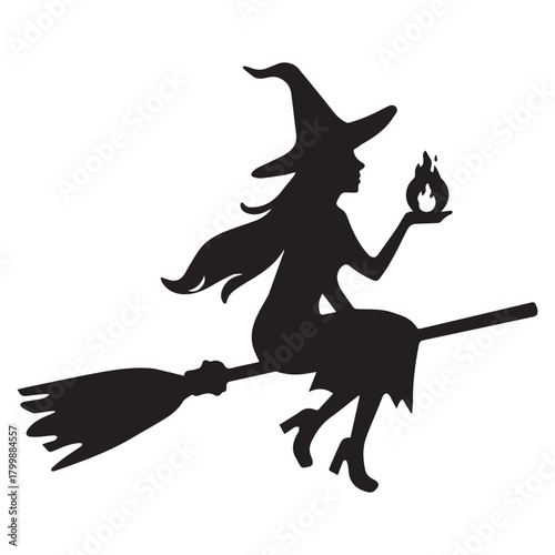 Silhouette witch flying broom holding flame vector