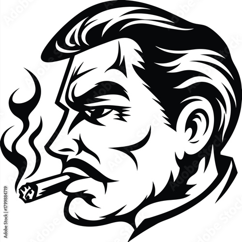 silhouette shows an intense man smoking a cigar with a monochrome style