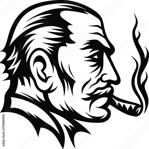 Intricate monochrome shows serious man smoking a cigar with emanating wisps of smoke