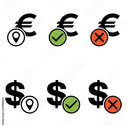 Set of dollar euro money symbol, business cash icon, save bank sign, vector illustratio .