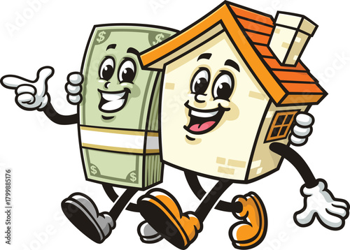 Cartoon mascot of house and money cash walking together
