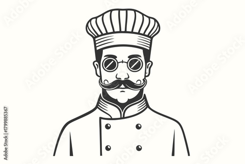 Serious male chef with a mustache and glasses wears a classic uniform