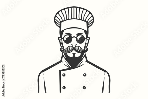 Monochrome chef character dons sunglasses and sports a majestic handlebar mustache in vintage style