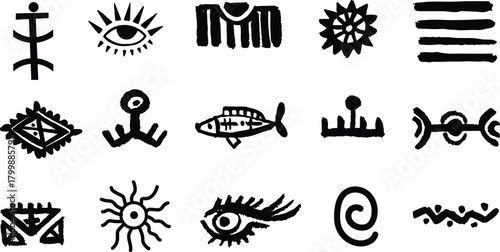 Tribal pattern. African silhouette print. Ethnic border. Ancient tribe. Aztec and Mayan graphic,. Hand-drawn oriental elements in doodle style. Isolated colored flat vector illustrations