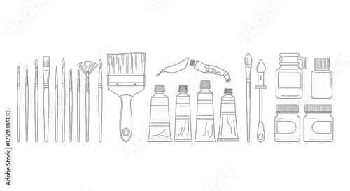 A collection of artist's tools for painting, including various brushes, tubes, and jars of paint in a line art style.