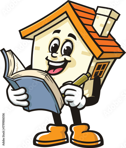 Cartoon house mascot holding a book