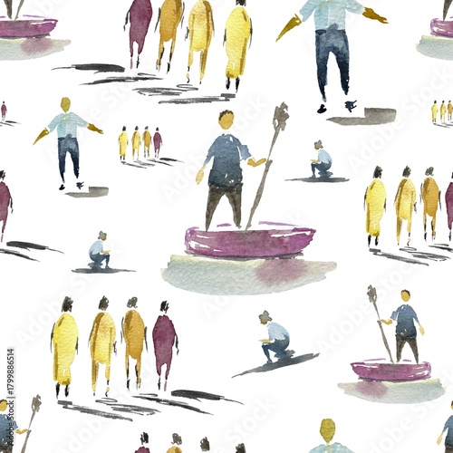 Watercolor painting, person in motion, human emotions, pattern