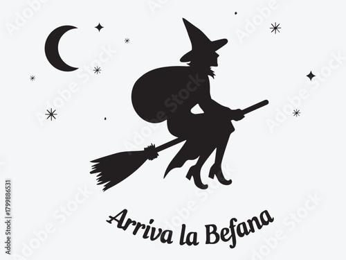 Silhouette witch flying broomstick moon stars vector