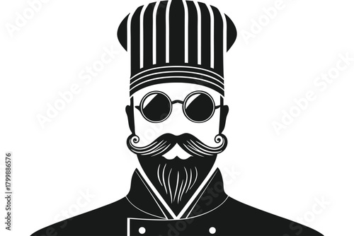 Monochrome chef with stylish beard, mustache, sunglasses and toque looks professional in culinary artistry