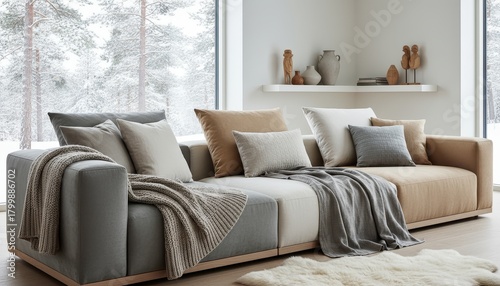 Scandinavian modular sofa with soft layered textiles and winter view