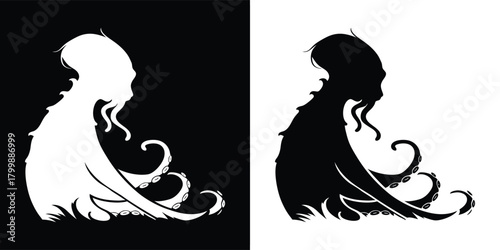 Silhouette of a woman with octopus tentacles instead of hair, shown in black and white