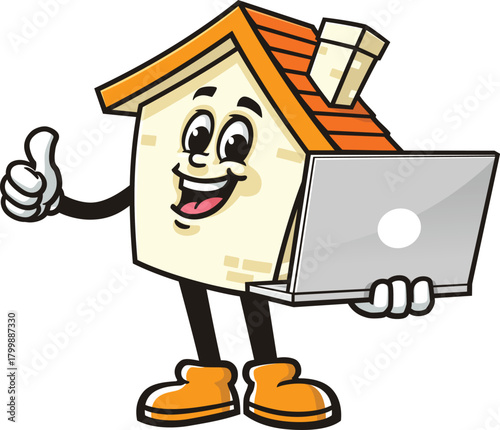 Cartoon house mascot holding a laptop