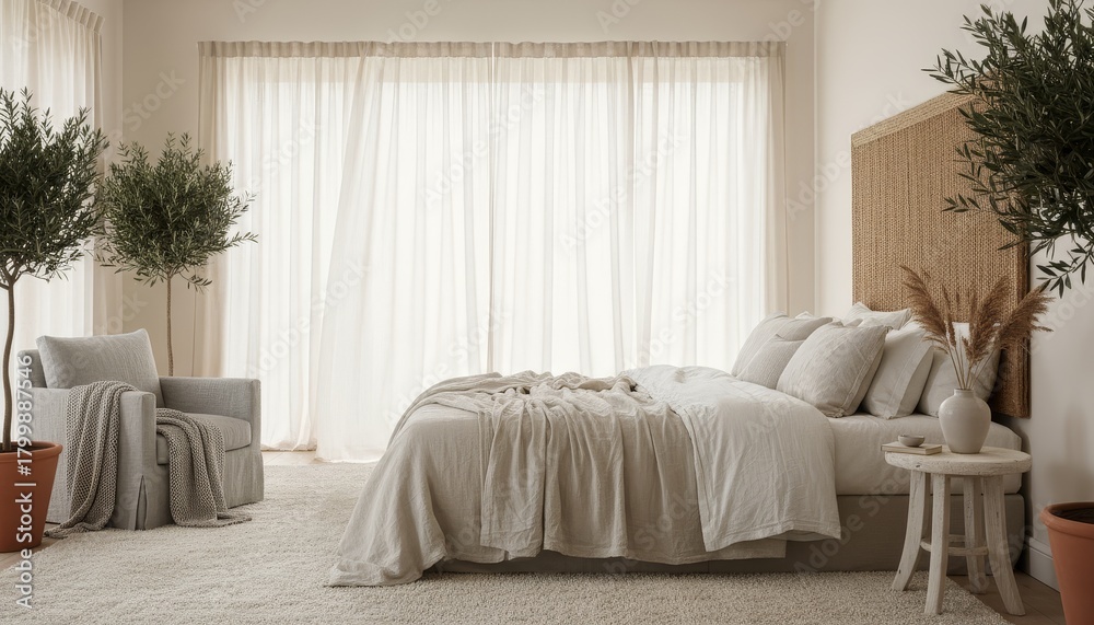 Fototapeta premium Airy bedroom with linen textures and soft neutral palette