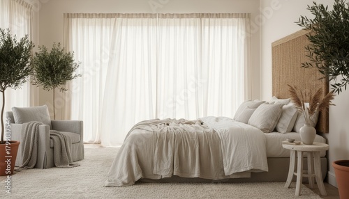 Airy bedroom with linen textures and soft neutral palette