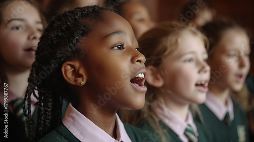 group of girl students performing choral singing in school auditorium showcasing talent teamwork and cultural celebration