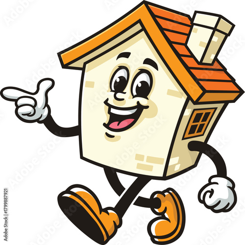 Cartoon house mascot is walking and finds an idea
