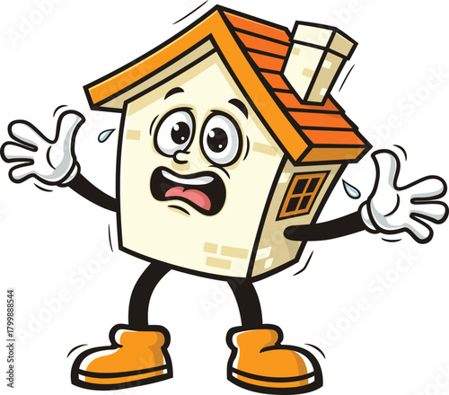 Cartoon house mascot is panicking and scared