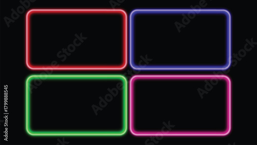 Four glowing neon rectangles in red blue green and pink on a black background abstract digital art