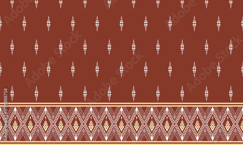 Maroon traditional ikat ethnic seamless border pattern. Woven geometrical texture with damask floral motifs on a dark brown background for luxury fabric, wallpaper, and apparel vector illustration.