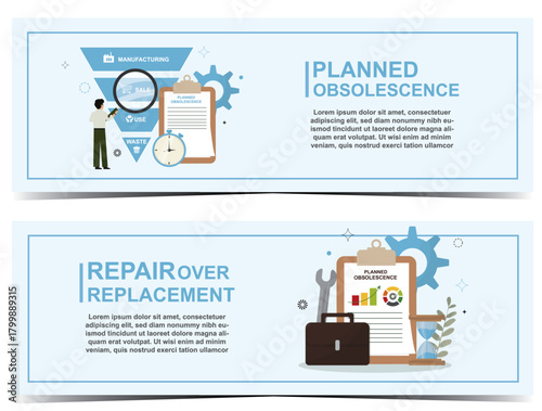 Flyers Set Obsolescence Repair Strategy. Two horizontal flyers contrasting planned obsolescence manufacturing model with repair over replacement philosophy. Flat style. Vector illustration