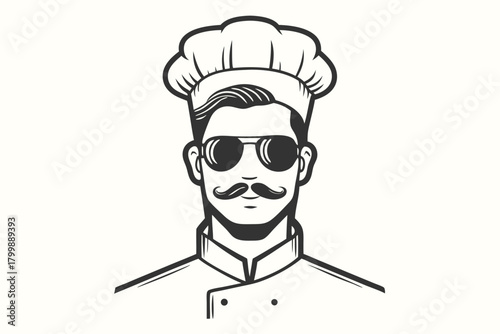 Monochrome portrait shows a stylish chef with sunglasses and a prominent mustache