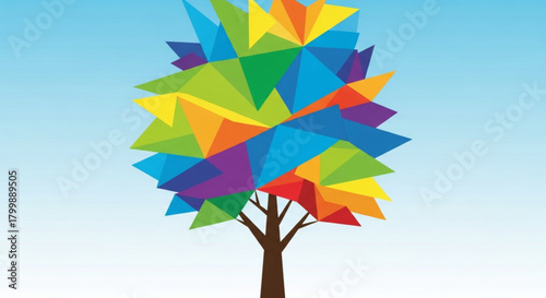 Abstract tree with colorful geometric shapes against a blue sky background