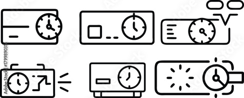 Vector illustration of a business clock icon set for web design with time, hour, minute, second, and deadline symbols