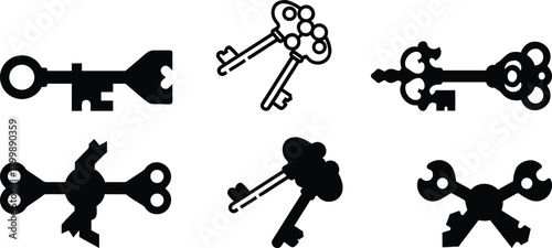 Antique skeleton keys vector set for security and access to a vintage house door lock