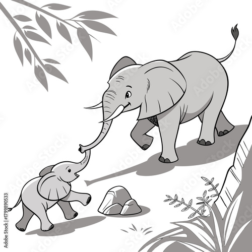 Adorable baby elephant playfully reaches for its mother s trunk in a heartwarming jungle scene