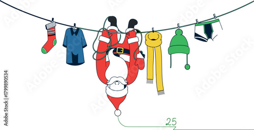 Illustration of santa claus hanging upside down on a clothesline isolated on white background
