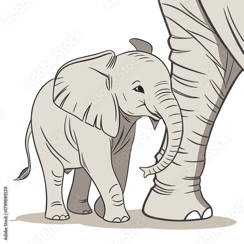 Adorable baby elephant walks closely beside its mother s large leg in a charming illustration