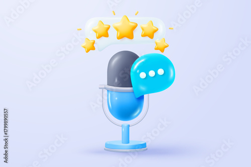 3d singer icon sign for voice podcast with star rating. mic record for music singer and song review for quality customer feedback. 3d voice services for satisfaction icon vector render illustration