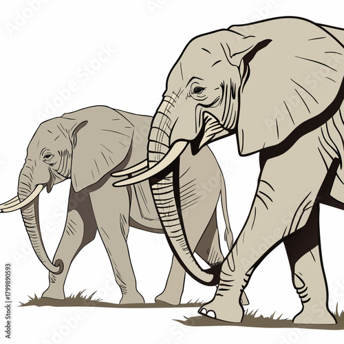 Two majestic african elephants walk side by side across a grassy plain in a stylized illustration