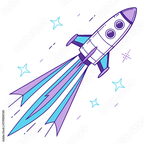 Whimsical cartoon rocket ship blasting off into space with colorful trails and stars